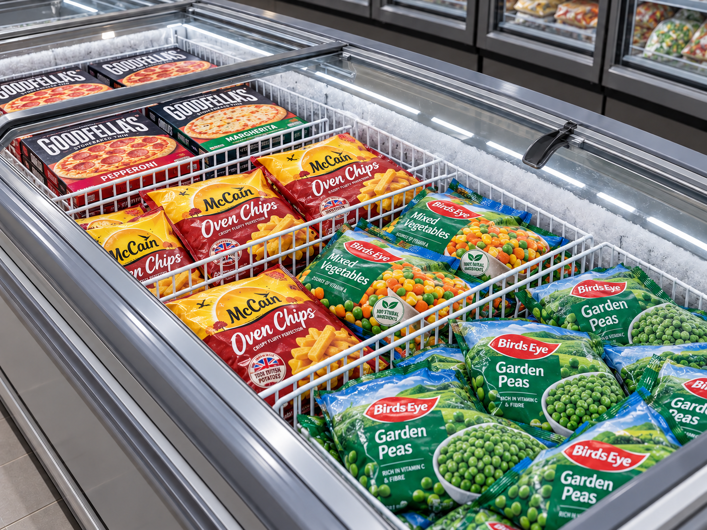 Packaged frozen vegetables, chips and pizzas — illustrative category image