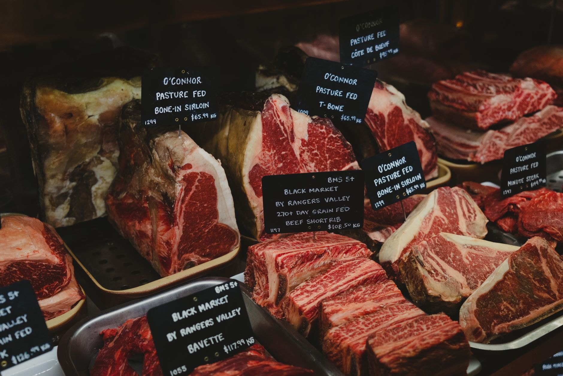 Premium butcher cuts of fresh beef and lamb at the meat counter