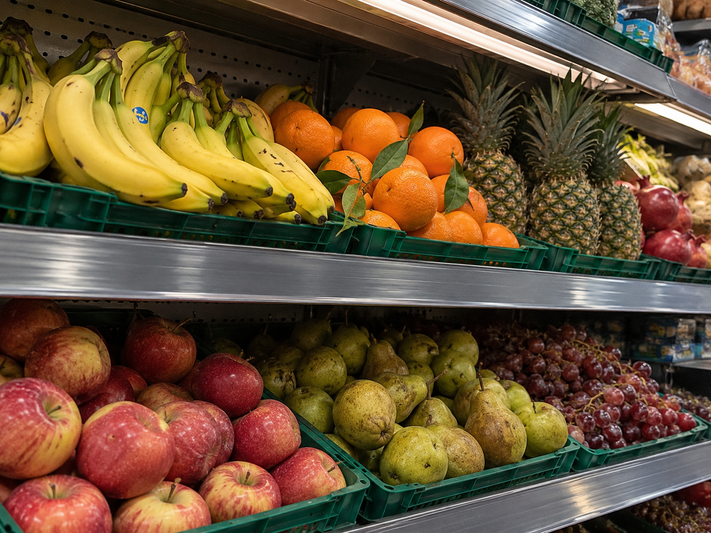 Bananas, oranges, apples, pears and grapes at Nova Food Centre