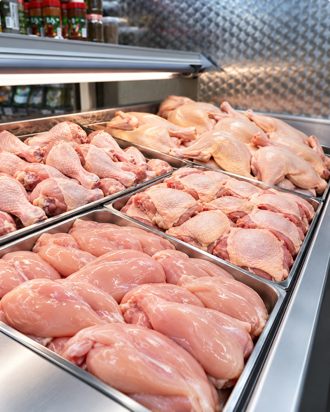 Fresh chicken breast, thighs, drumsticks and whole chickens