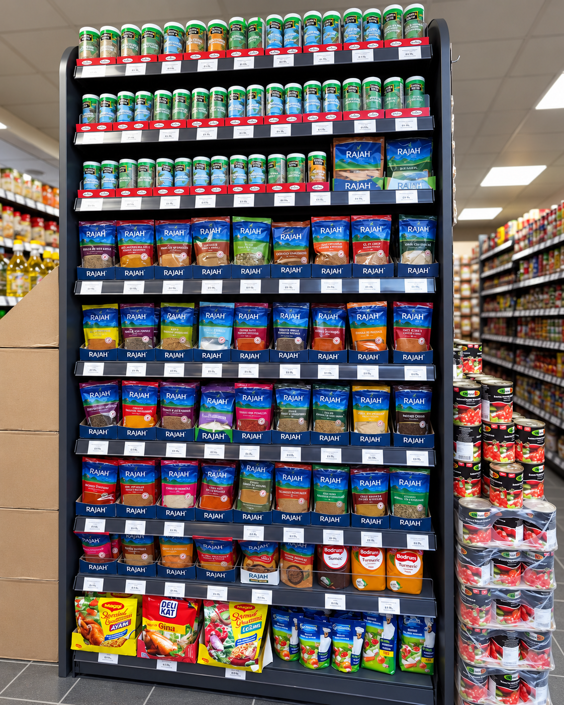 Rajah spices and seasonings on supermarket shelves