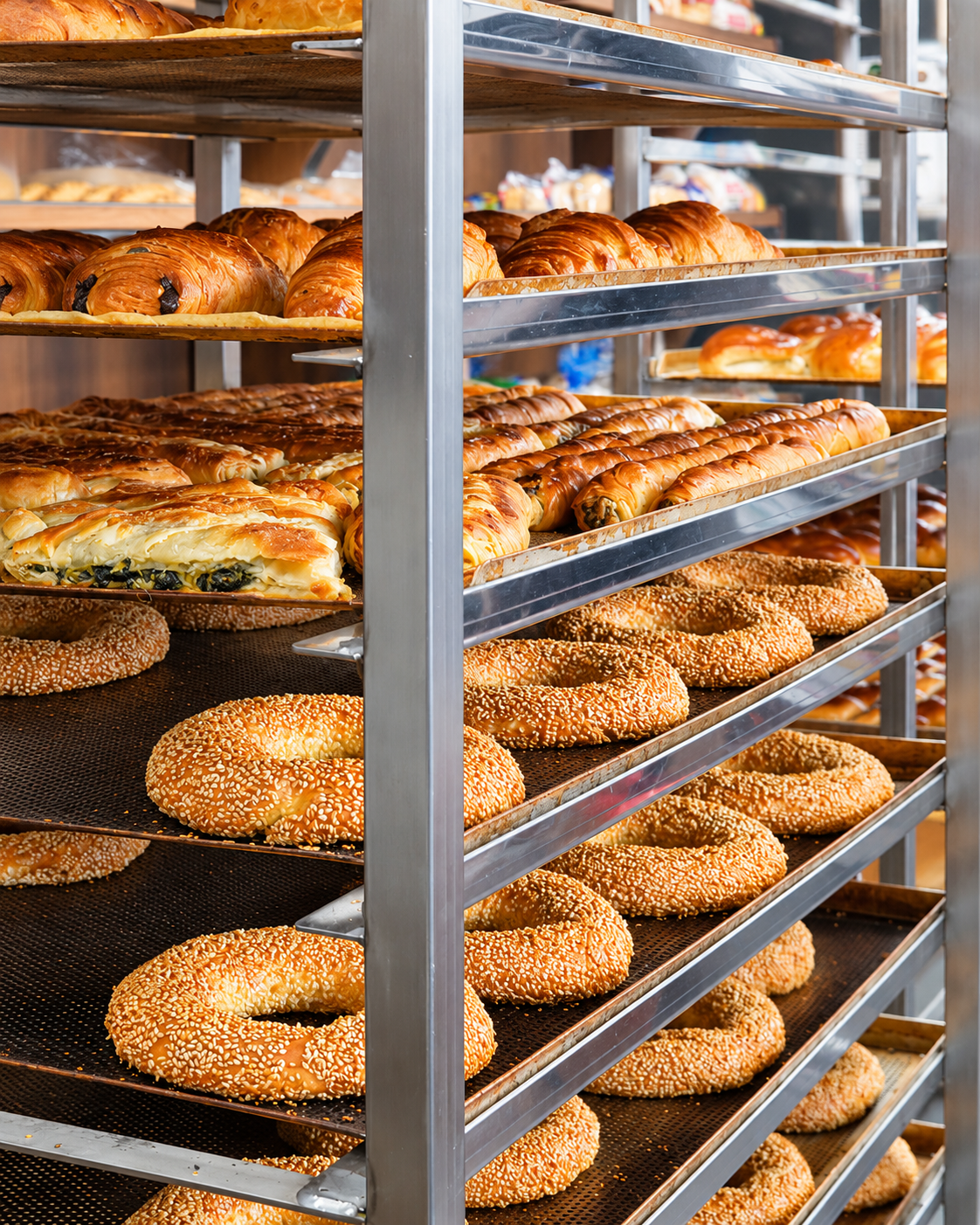 Simit, croissants and savoury pastries on bakery racks