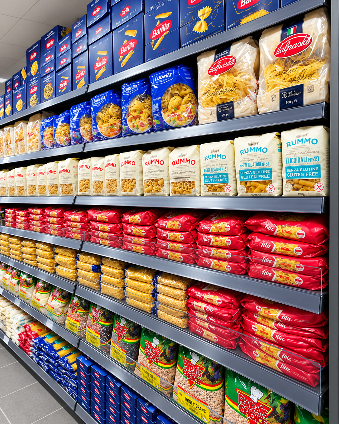 International pasta, rice and pulses on supermarket shelves
