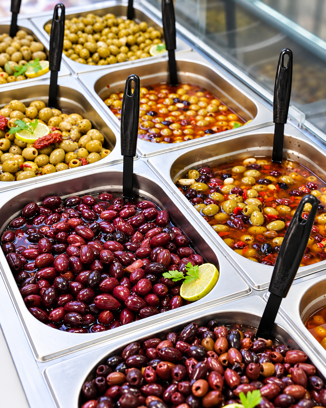 Green, black and mixed olives at the deli counter