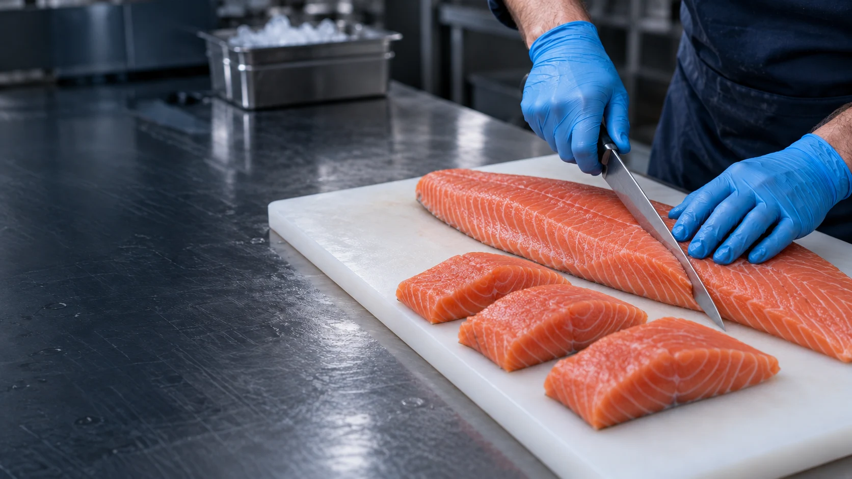 Skinless salmon portioning by a seafood professional — illustrative image