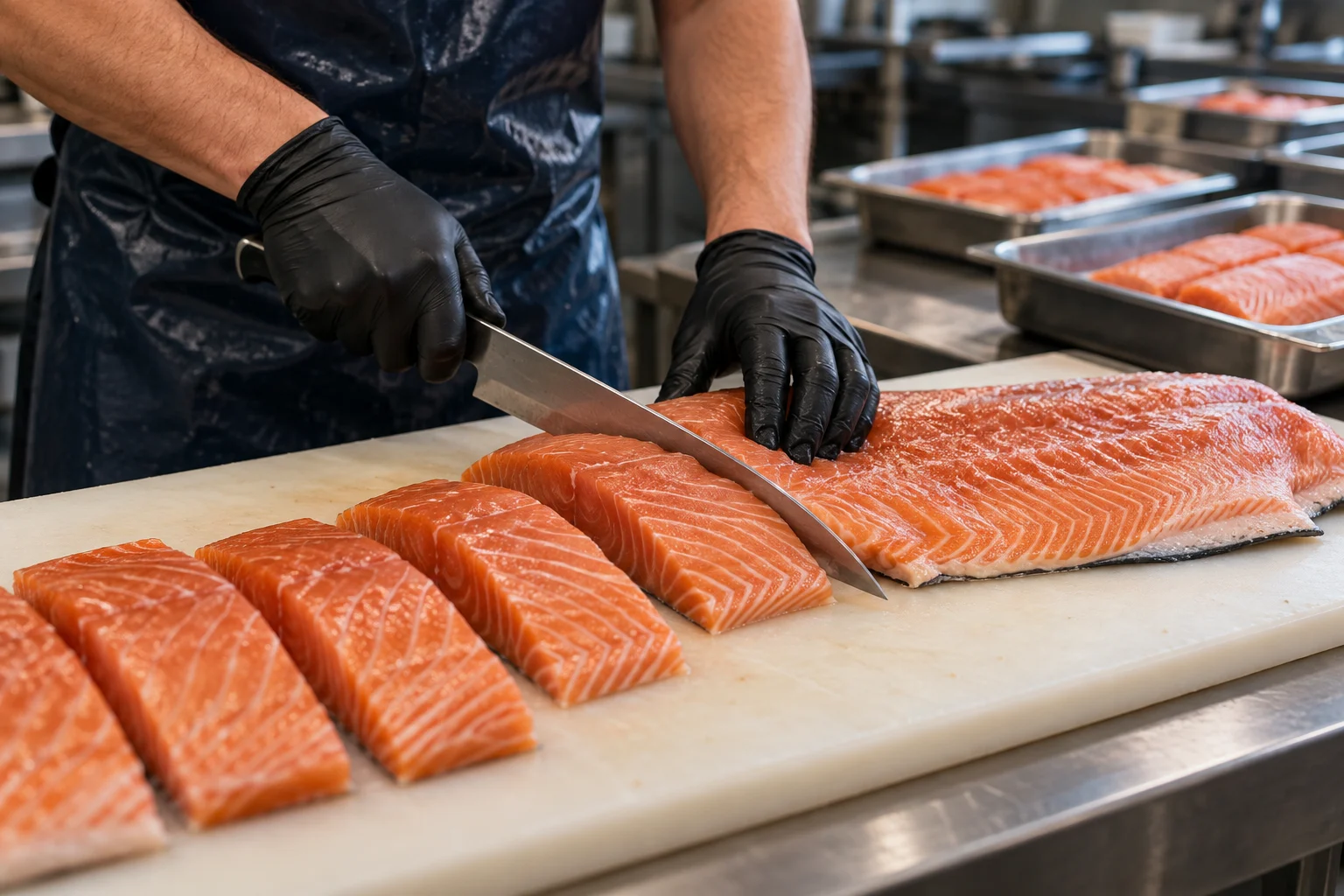 Salmon fillets and portions being prepared — illustrative image