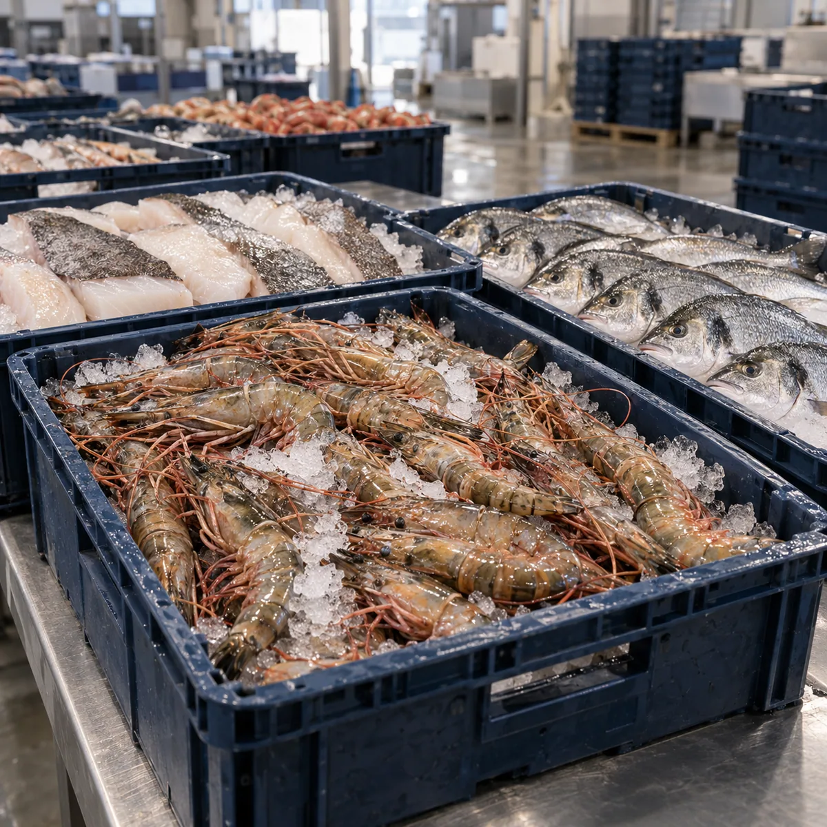 Whole fish, fillets and prawns on ice in trade quantities — illustrative wholesale scene