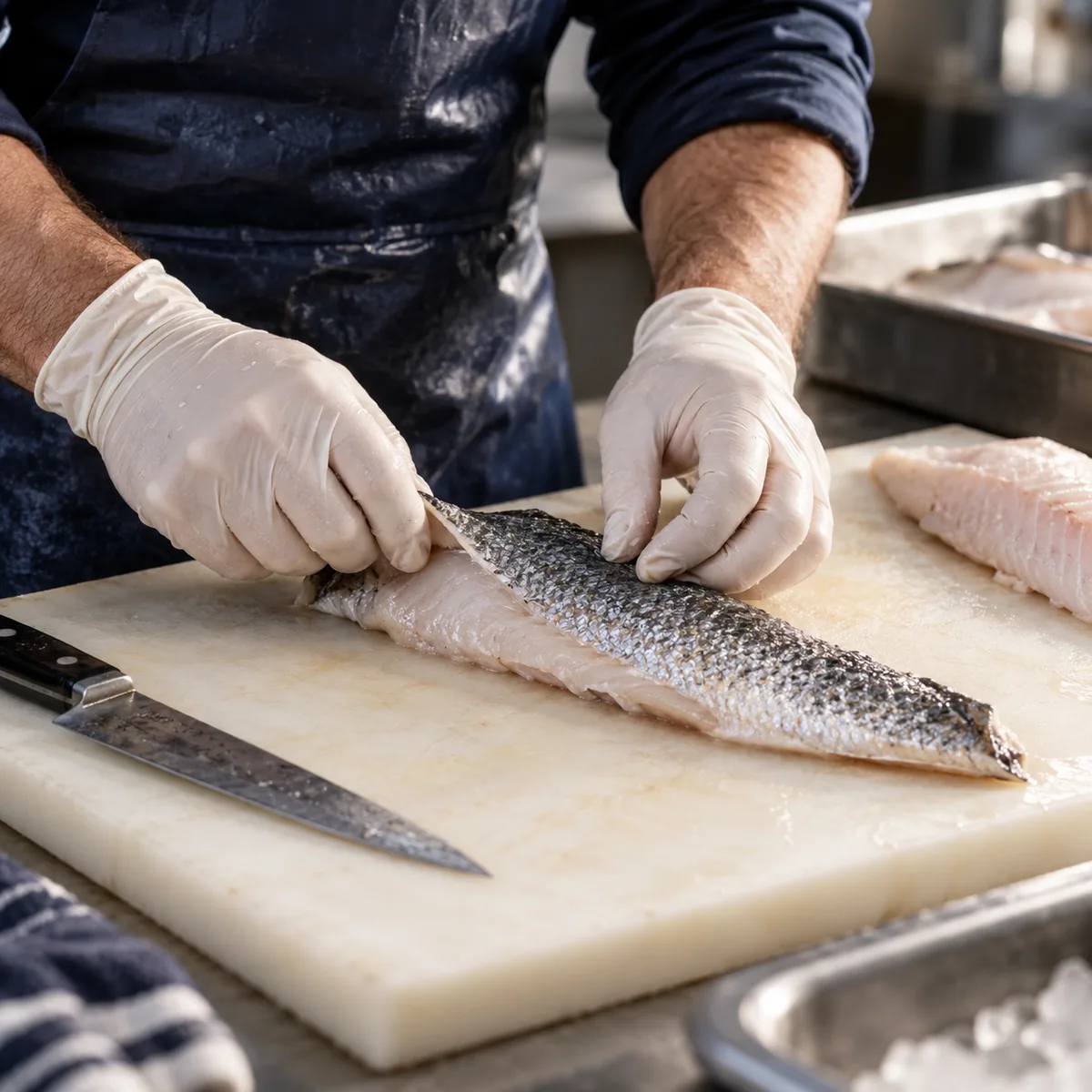 A seafood specialist checking a skin-on fillet by hand — illustrative craft scene