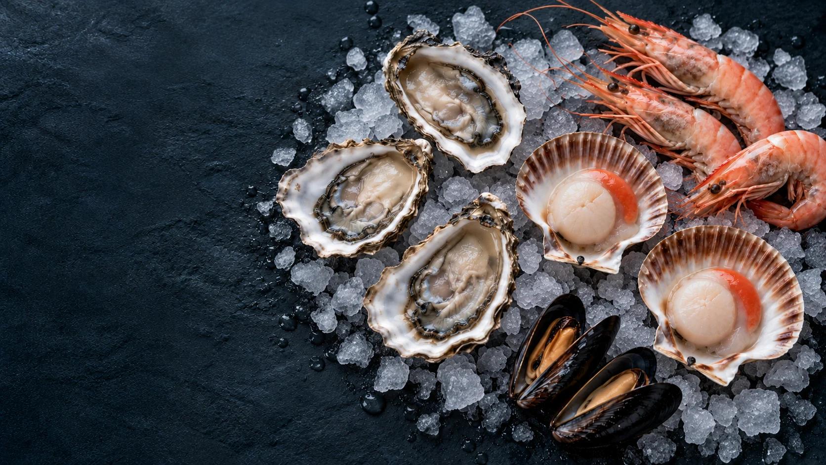 A selection of oysters, scallops, prawns and mussels — illustrative image