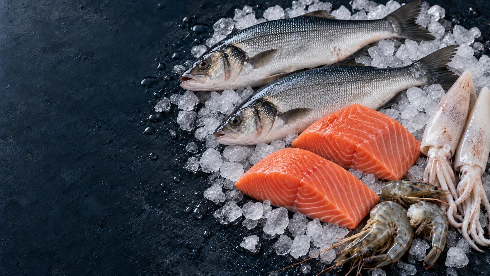 Whole fish, skinless salmon, prawns and squid on ice — illustrative image